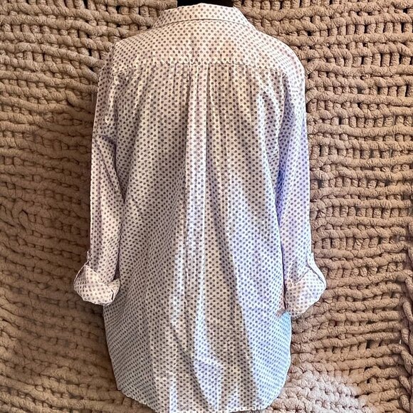 Gap Classic White Long Sleeve Patterned with Blue Circles Collared Top Size L - Picture 9 of 12